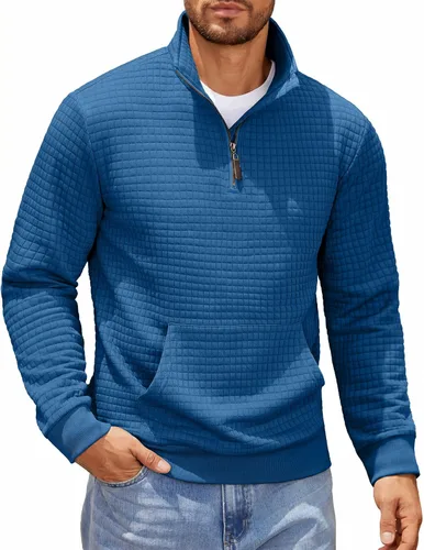 Vista 7 de COOFANDY - Sudadera con capucha para hombre, manga larga, con cremallera de un cuarto, estilo sarga casual, con bolsillo Verde militar