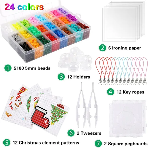 Vista 2 de AUGSUN Kit de cuentas de fusibles de Navidad, 5100 unidades + 24 colores para manualidades, juego de cuentas de fusión para niños, 12 estilos