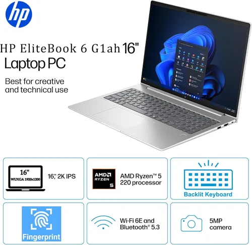 Vista 2 de HP EliteBook 6 G1a AI PC Laptop empresarial de 16 pulgadas AMD Ryzen 5 220 32 GB DDR5 RAM SSD de 1 TB Pantalla antirreflejo WUXGA Lector