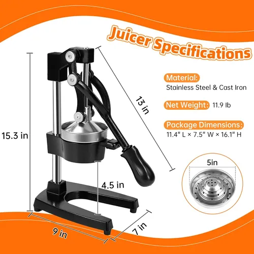 Vista 5 de Exprimidor manual de cítricos de hierro fundido, exprimidor manual comercial de limón, exprimidor manual resistente para naranjas, limas y pomelos