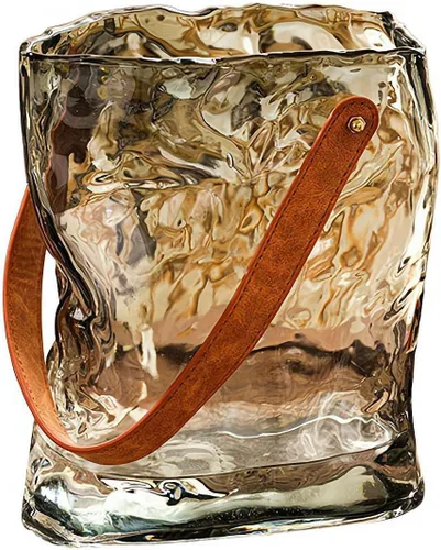 Vista 12 de Florero de cristal para flores, jarrones transparentes para centros de mesa, jarrón de vidrio hecho a mano con asa de cuero, pequeños jarrones