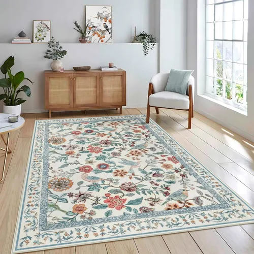 Vista 22 de Rugalia Alfombra de pasillo floral azul, alfombra lavable de 2 x 6 pies para pasillos, antideslizante, suave, de pelo bajo, con flores, pájaros, Rosa