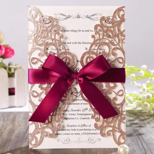 Vista 16 de Hosmsua 20 unidades de invitaciones de boda con flores de 13 x 18,5 cm con purpurina y corte láser con cintas y sobres para boda, despedida