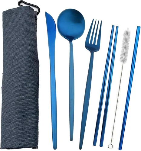 Vista 24 de JASHII Juego de cubiertos de viaje de acero inoxidable, tenedor, cuchara, cuchillo, pajilla, cubiertos reutilizables con estuche, juego de Rosa
