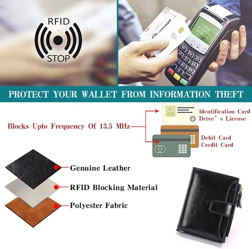 Vista 6 de FALAN MULE - Cartera de cuero auténtico para mujer, pequeña plegable , compacta, con interferencia de radiofrecuencia (RFID)