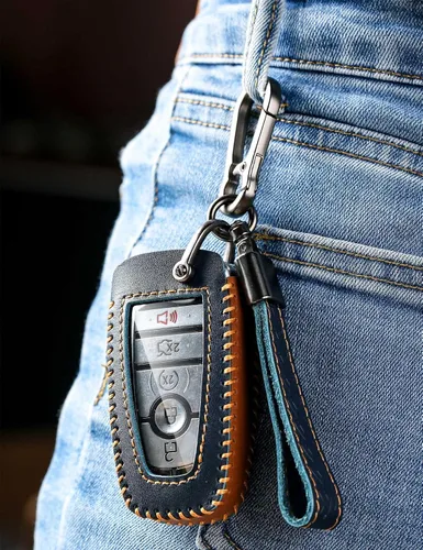Vista 6 de Funda de llavero para Ford, funda de piel auténtica con llavero para Ford, Azul