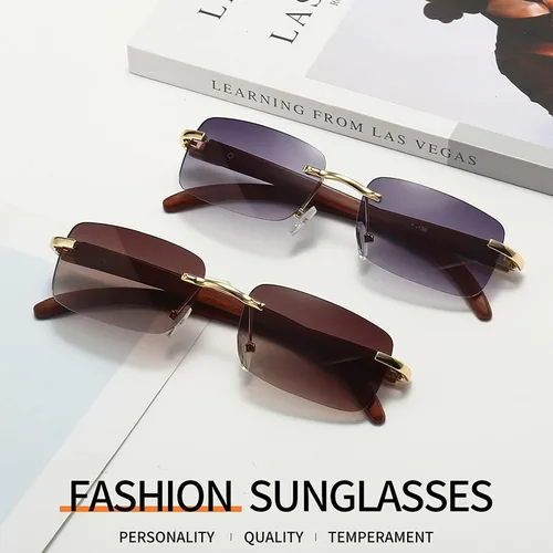 Vista 8 de Dollger Gafas de sol rectangulares sin montura para hombres y mujeres diseño de madera hip-hop pequeñas gafas de sol cuadradas sin marco de los años