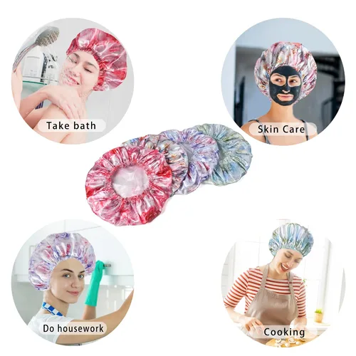 Vista 3 de 4 piezas de gorros de ducha para mujer, gorros de baño con estampado, gorro de ducha de doble capa reutilizable e impermeable, gorros de ducha