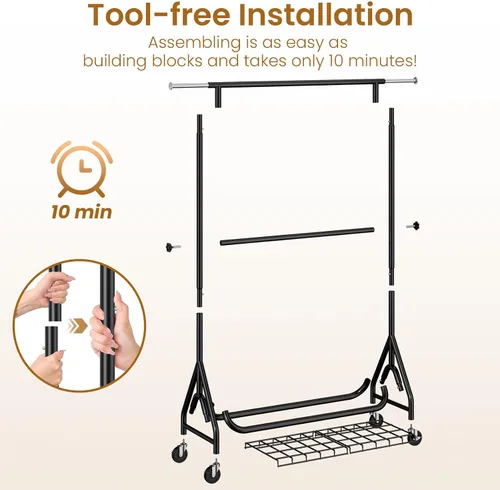 Vista 5 de Perchero resistente para colgar ropa, estante para ropa con dobles varillas y ruedas bloqueables, perchereros enrollables de metal resistentes
