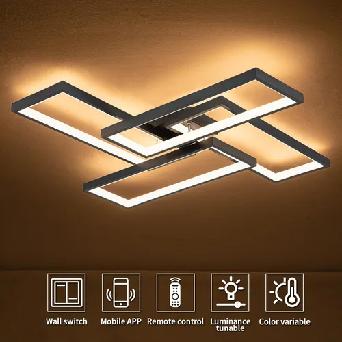 Vista 9 de Shine LUEST Modernas luces LED de techo para dormitorio, 26 pulgadas, regulables, cuadradas, para sala de estar, con control remoto, lámpara negra