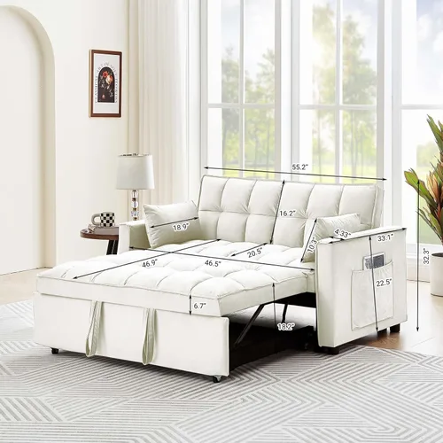 Vista 8 de Sofá cama convertible 3 en 1, sofá biplaza moderno de terciopelo con almohadas y bolsillos laterales, sofá extraíble de 2 plazas para espacios Crema