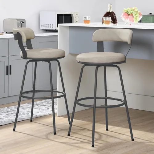 Vista 10 de Juego de 2 taburetes de bar de 24 pulgadas, taburetes giratorios de cuero con respaldo, color beige