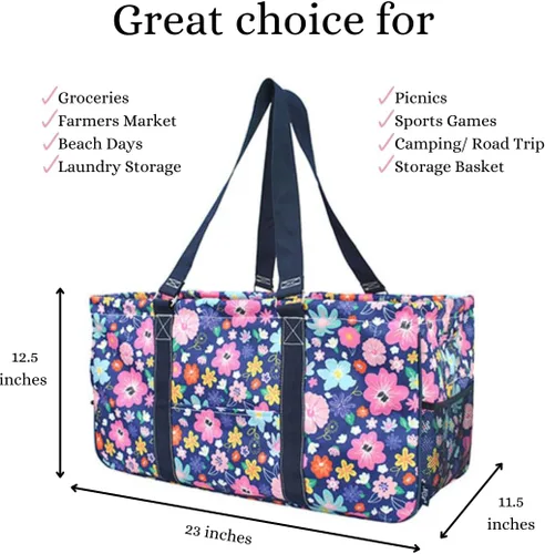 Vista 8 de NGIL Bolsa de comestibles reutilizable extra grande plegable de gran tamaño para comestibles, almacenamiento, picnic, playa, Estampado