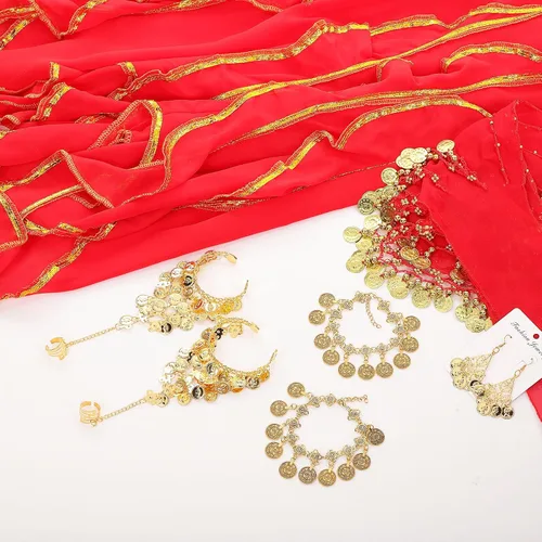 Vista 19 de Haysandy Conjunto de 8 piezas de danza del vientre para mujer, falda de danza del vientre, bufanda de cadera, 2 pulseras, aretes, pulsera de tobillo