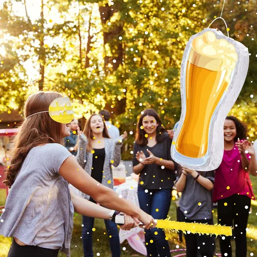 Vista 5 de Sratte Piñata de cerveza con palo y con los ojos vendados, confeti de cerveza, piñata de cristal de cerveza, taza de animaciones a cervezas