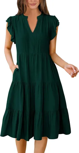 Vista 25 de ANRABESS Vestido de verano para mujer, manga con volantes, cuello en V, vestido midi a la moda, casual, holgado, escalonado, bohemio, playa