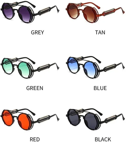 Vista 3 de Jowxsx Red Retro Steampunk Sunglasses Vintage Style Sun Glasses Round Metal Frame Circle Glasses Street Shot Eyewear Unisex Cool Sun Glasses Gifts