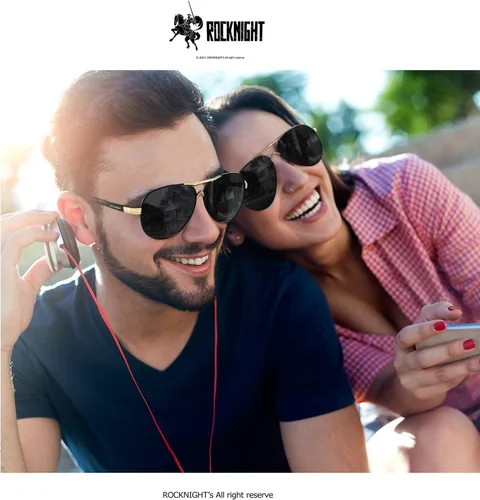 Vista 2 de ROCKNIGHT Lentes de sol polarizados estilo aviador para hombres y mujeres, lentes de sol con parte superior plana de metal, ligeras