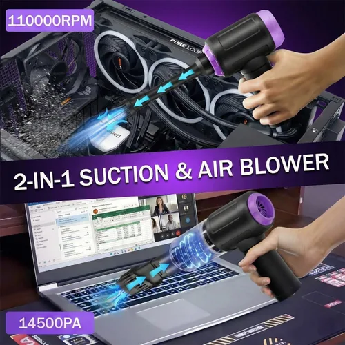 Vista 2 de Aspirador de computadora de 14.5 KPA y plumero de aire eléctrico inalámbrico 3 en 1, 110000 rpm, reemplaza el aire enlatado para torre de PC