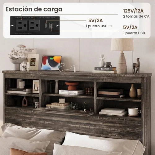 Vista 4 de Conjunto de dormitorio de 4 piezas estilo granja, cama plataforma tamaño queen con 2 mesitas de noche y almacenamiento de 5 cajones, estructura