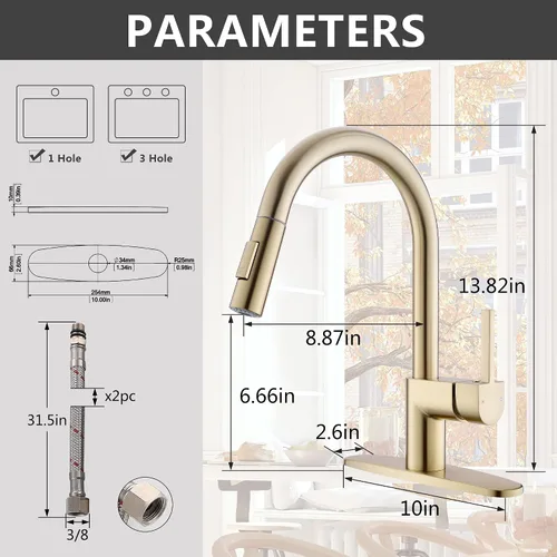 Vista 5 de Grifo de cocina dorado con rociador extraíble, grifo de fregadero de cocina extraíble de una sola manija de 1 y 3 agujeros con placa de cubierta