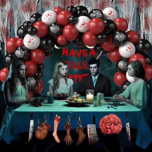 Vista 5 de Guirnalda de globos de Halloween con tela espeluznante y pancarta de 2 estilos, globos blancos impresos a mano negra roja y sangrienta, globos B