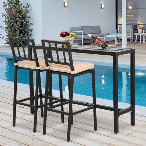 Vista 2 de Sillas y mesa de bar para exteriores, juego de bar de metal para patio, 3 piezas con taburetes y cojines, patio trasero, porche, bistró, balcón Negro