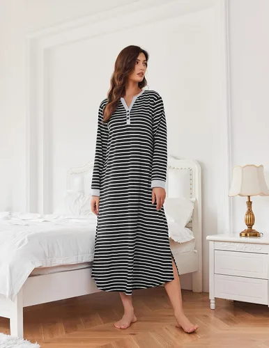 Vista 3 de Ekouaer Camisón largo para mujer con cuello en V, ropa de dormir de longitud completa con bolsillos
