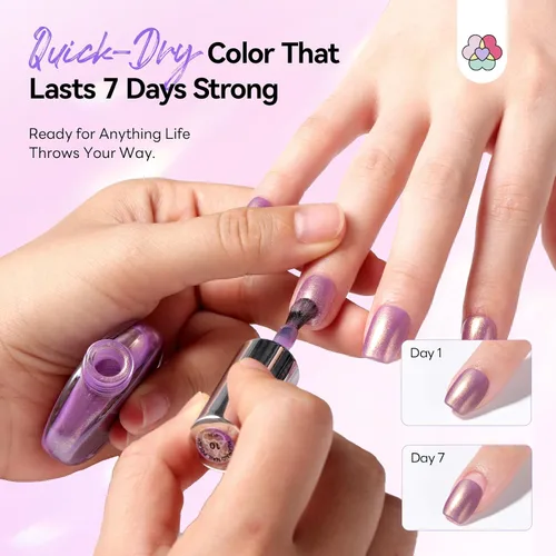 Vista 6 de SAVILAND - Juego de esmaltes de uñas perlado: secado rápido, 12 ingredientes libres, esmalte Aurora, 6 colores brillantes, morado, rosa, azul