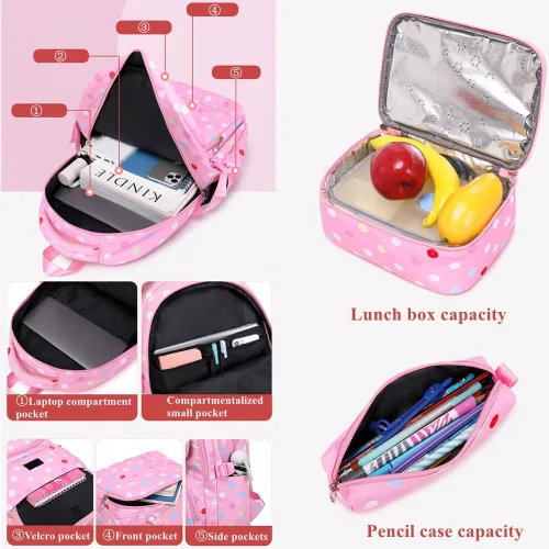 Vista 3 de Armbq Mochilas con estampado de lunares para niñas con lonchera, juego de mochila escolar para adolescentes, E-Negro, Estampado De Lunares E