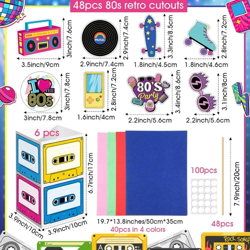 Vista 2 de 6 juegos de decoraciones retro de los años 80 para fiestas de los 80, centros de mesa retro de hip hop con caja de cinta de casete recortes y palos