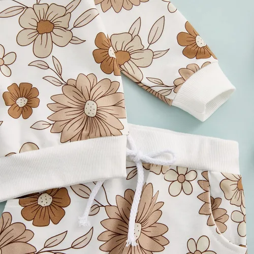 Vista 3 de Conjunto de 3 piezas para bebé, sudadera con margaritas + pantalones + diadema para bebé, ropa de otoño e invierno