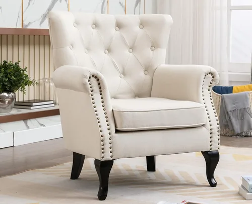 Vista 2 de Juego de 2 sillas decorativas modernas de mediados de siglo, sillón de tela de lino con respaldo acolchado/patas de madera, sillón de descanso