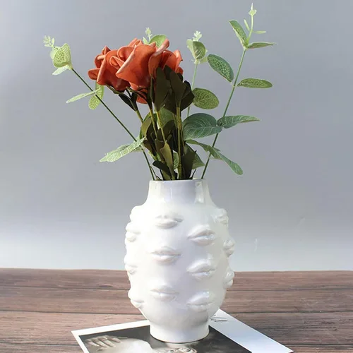 Vista 6 de Ceramic Flower Vase, Ornament Vase Lip Flower Vase for Bookcase Home Living Room Decoration - White