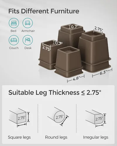 Vista 4 de SONGMICS Elevadores de cama, paquete de 4 elevadores de muebles, elevadores de cama resistentes en alturas de 3, 5 u 8 pulgadas, eleva hasta 1300