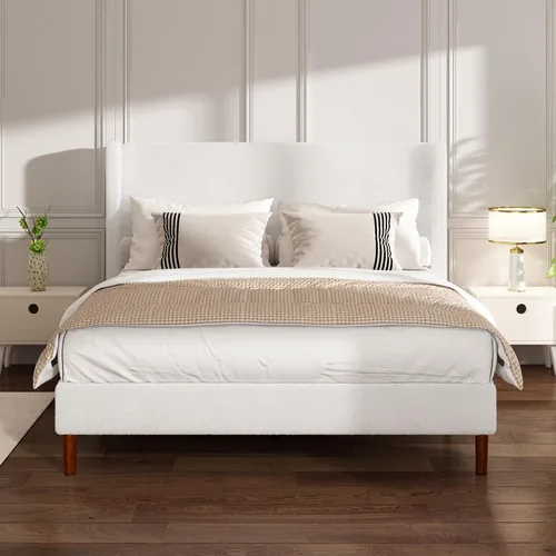 Vista 10 de Base de cama matrimonial, plataforma tapizada Boucle con cabecera con respaldo de alas, fuerte soporte de listones de madera, base de colchón sin