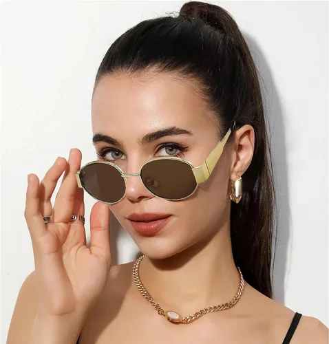 Vista 3 de Lentes de sol ovalados para mujer, diseño de moda, para cara pequeña, marco de metal retro, sombras para mujer