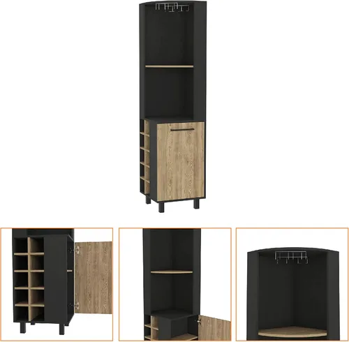 Vista 6 de FM FURNITURE Leah Armario esquinero para bar con 2 estantes abiertos, 2 estantes interiores, estante de vidrio y 10 cubos de vino, negro/pino
