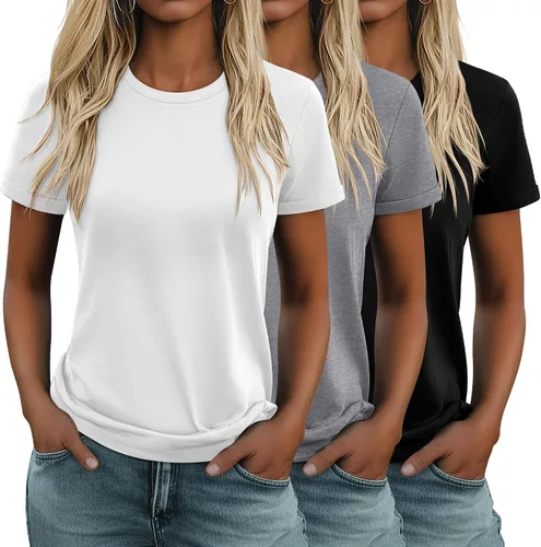 Vista 6 de Huukeay Paquete de 3 camisetas de algodón para mujer, estilo casual, de manga corta, cuello redondo, ajuste holgado, básica, lisa