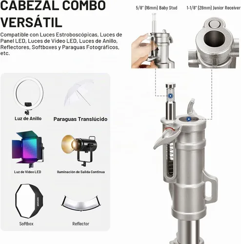 Vista 5 de NEEWER Soporte de Luz de Acero Inoxidable Resistente con Ruedas, Receptor Junior de 1-1/8", Espiga Baby con Resorte de 5/8", Carga Máxima 77lb