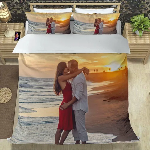 Vista 2 de Juego de ropa de cama personalizada con imagen, texto, logotipo, 1 funda de edredón y 2 fundas de almohada, diferentes tamaños personalizables