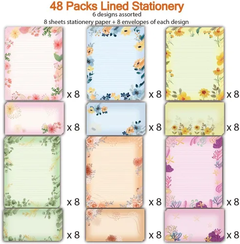 Vista 7 de 48 paquetes de papel estacionario rayado para escribir cartas, papel estacionario de doble cara con diseño floral de 8.5 x 11 pulgadas para escribir