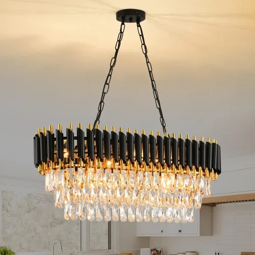 Vista 17 de Candelabro de cristal moderno dorado de 5 niveles para sala de estar, lámpara de araña grande de cristal negro, lámpara colgante de techo