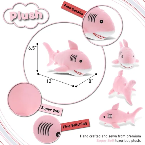 Vista 3 de DolliBu Peluche suave de tiburón rosa para bebé, peluche de tiburón de peluche para niños y niñas, juguetes de animales marinos y regalos