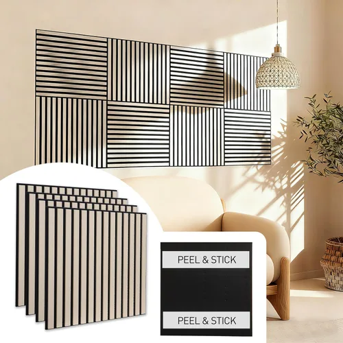 Vista 8 de Paneles de pared de listones de madera acústica para despegar y pegar, paneles insonorizados de grano de madera 3D de 23 x 23 pulgadas, paquete