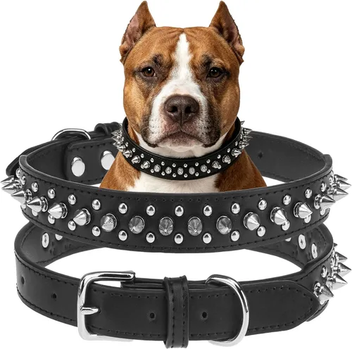 Vista 8 de BINGPET Collar de cuero para perro, cuello con tachuelas, cuello ajustable