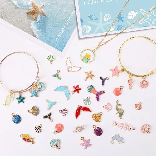 Vista 2 de MARFOREVER - 120 dijes de mar con temática oceánica para hacer joyas, dijes de playa Assorted Gold Enamel Starfish Seashell Marine Pendants