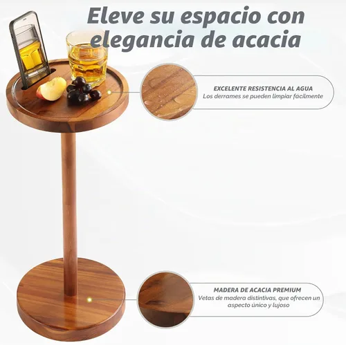 Vista 3 de Mesa auxiliar de pedestal, mesa de bebida de acacia con base pesada, mesa auxiliar redonda pequeña para espacios pequeños con soporte para teléfono