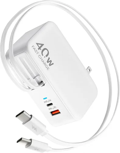 Vista 7 de Cargador de pared USB C retráctil con enchufe de pared, cables tipo C dobles de 35.5in/90cm, bloque plegable multi cargador de 40W de carga rápida