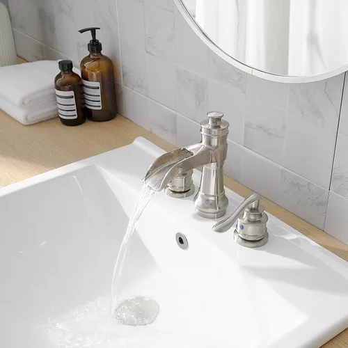 Vista 3 de Grifo de baño de níquel cepillado de 3 agujeros u 8 pulgadas, grifo de cascada de latón de 2 manijas para fregadero de baño, 3 agujeros montados